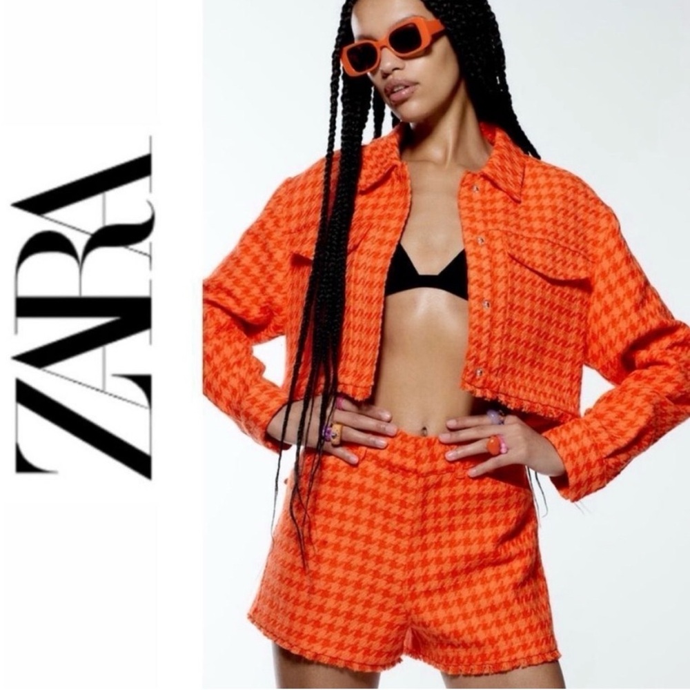 ZARA 2 pcs Orange Tweed Houndstooth Blazer + Shorts Set XS/S